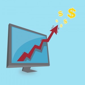 An illustration of a line graphic shooting up out of a computer monitor, with a cloud of dollar signs at the top.