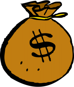 A cartoon illustration of a bag with a dollar sign on it.