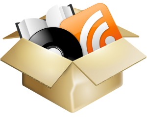 Clip art depiction a book, a vinyl LP, and a podcast emblem in a cardboard box, suggesting a subscription box club service.