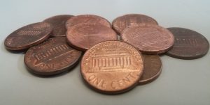 A small pile of one cent pennies.