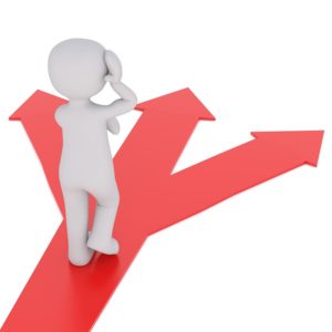 an illustration of a person walking on a path with three options in front of him